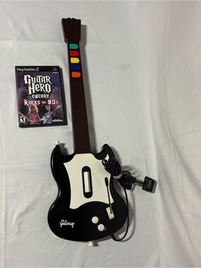 PS2 Guitar Hero Wired Guitar Controller+Guitar Hero Encore Rocks the 80s Tested